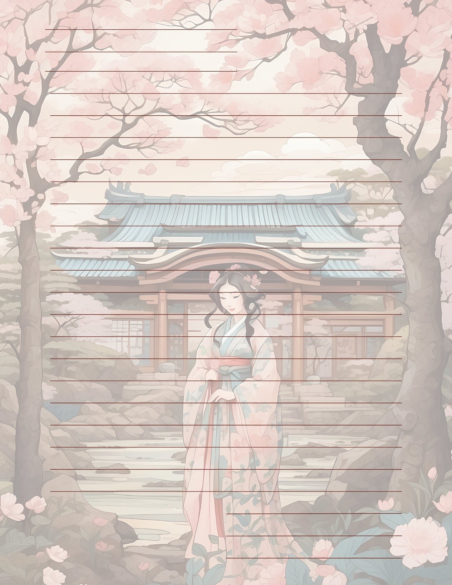 Exquisite Geisha Japanese Cottage Design by AiPhoenixArtworks, 3Pcs Stationery Set - Digital Download for Unique and Elegant Correspondence