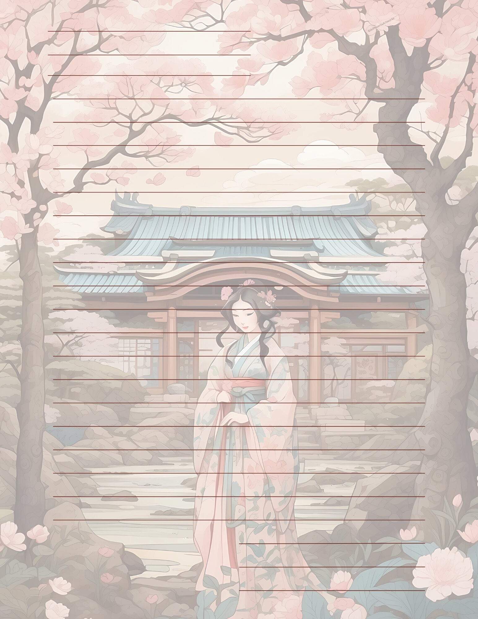 Exquisite Geisha Japanese Cottage Design by AiPhoenixArtworks, 3Pcs Stationery Set - Digital Download for Unique and Elegant Correspondence