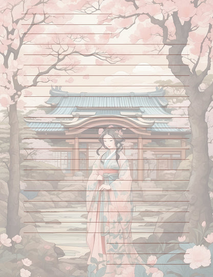 Exquisite Geisha Japanese Cottage Design by AiPhoenixArtworks, 3Pcs Stationery Set - Digital Download for Unique and Elegant Correspondence