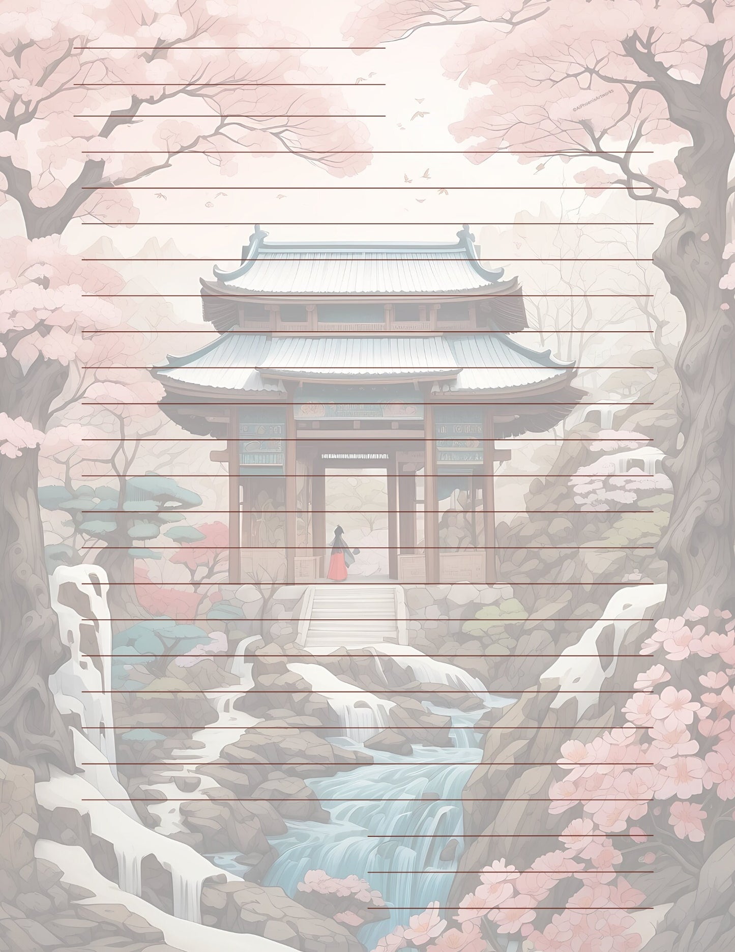 Exquisite Geisha Japanese Cottage Design by AiPhoenixArtworks, 3Pcs Stationery Set - Digital Download for Unique and Elegant Correspondence