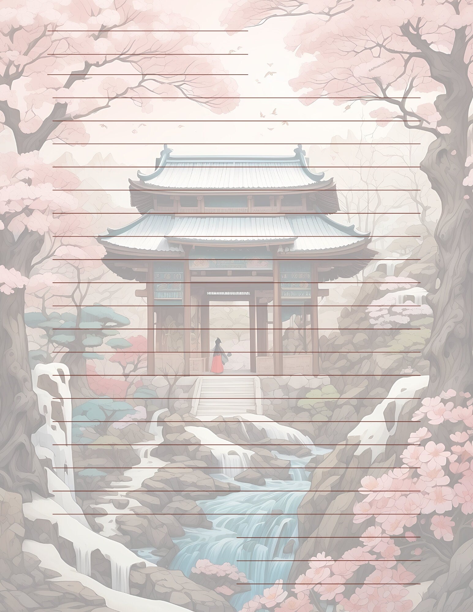 Exquisite Geisha Japanese Cottage Design by AiPhoenixArtworks, 3Pcs Stationery Set - Digital Download for Unique and Elegant Correspondence