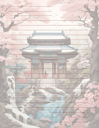 Exquisite Geisha Japanese Cottage Design by AiPhoenixArtworks, 3Pcs Stationery Set - Digital Download for Unique and Elegant Correspondence