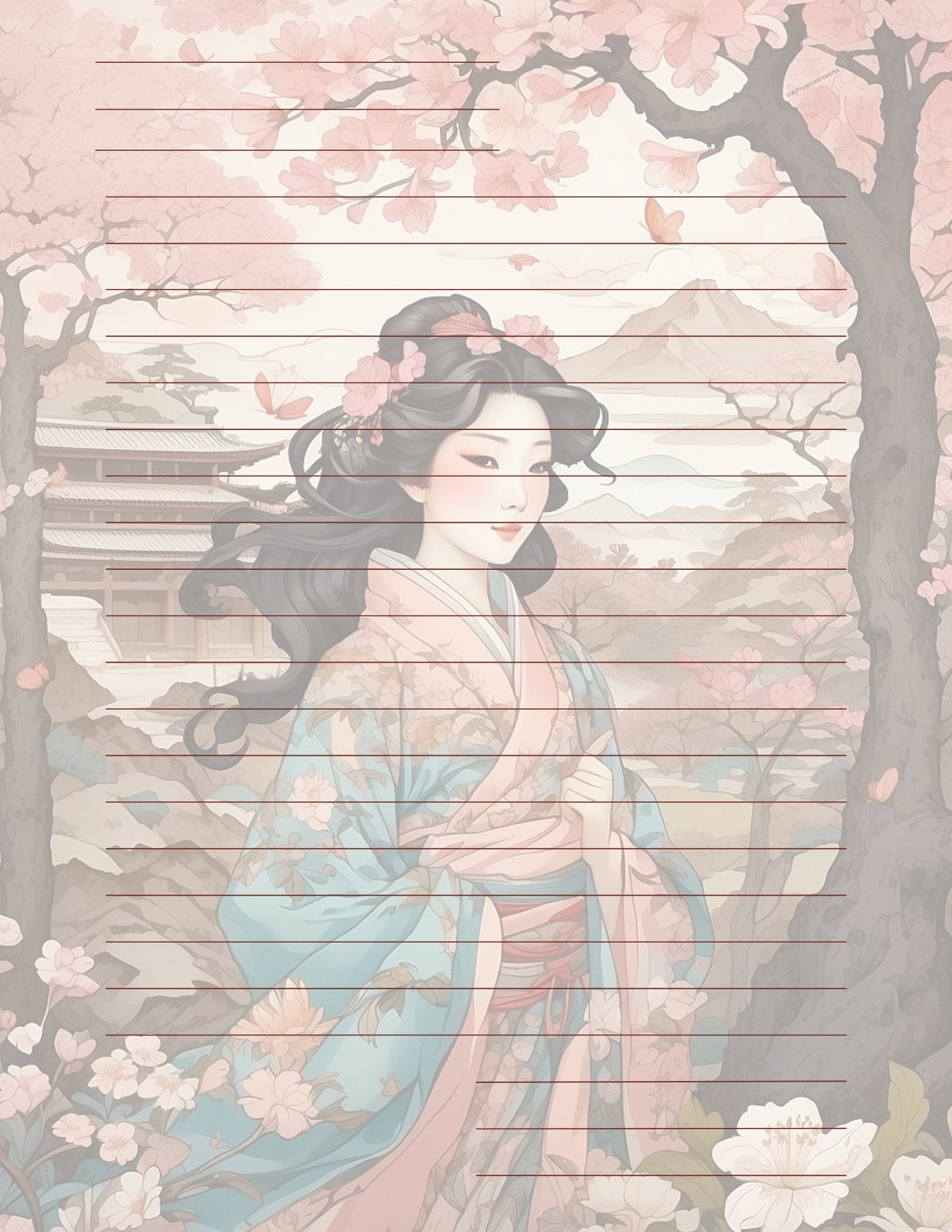 Exquisite Geisha Japanese Cottage Design by AiPhoenixArtworks, 3Pcs Stationery Set - Digital Download for Unique and Elegant Correspondence