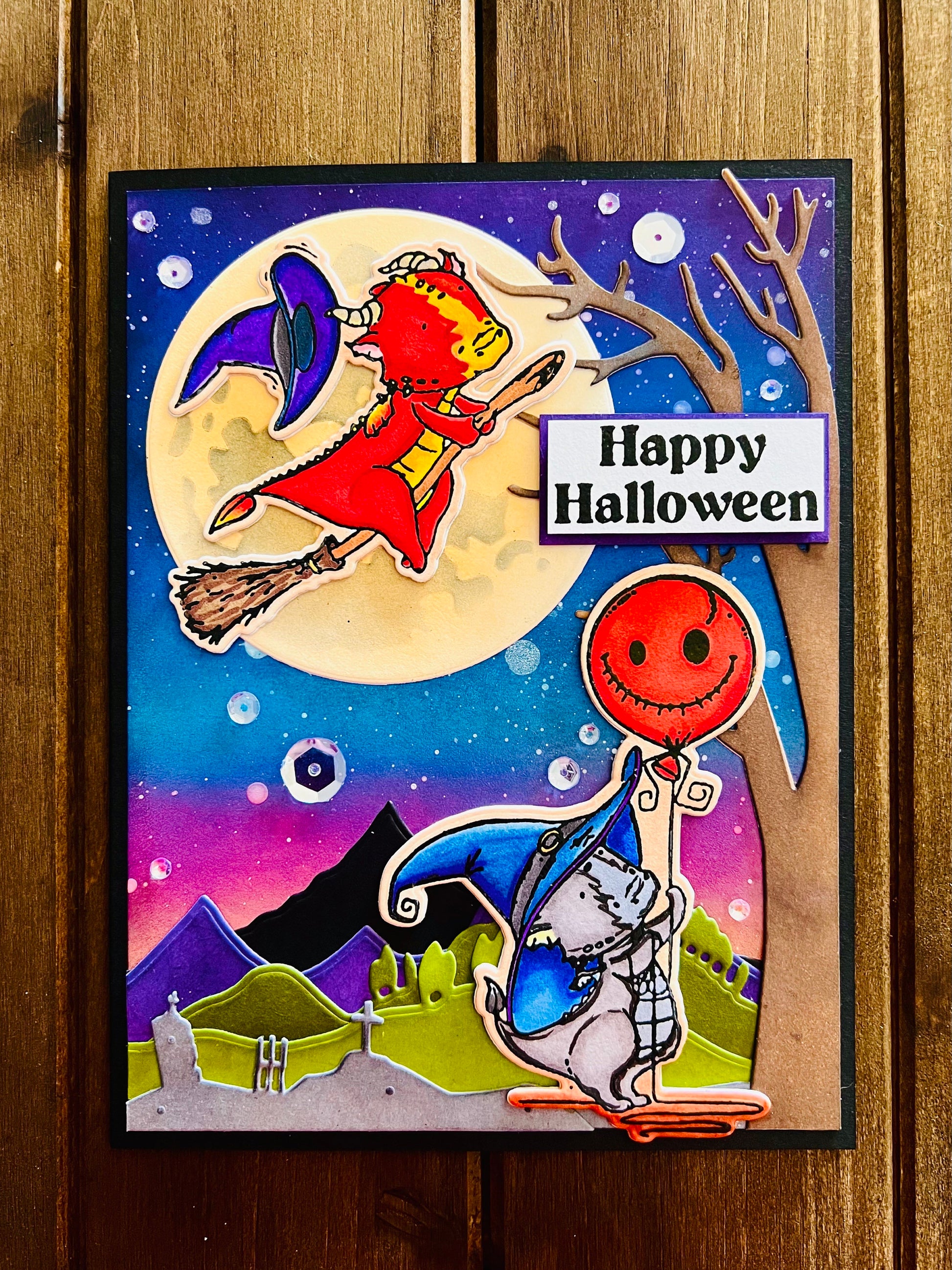 Little Dragon Witches Moonlight Scene Halloween Card