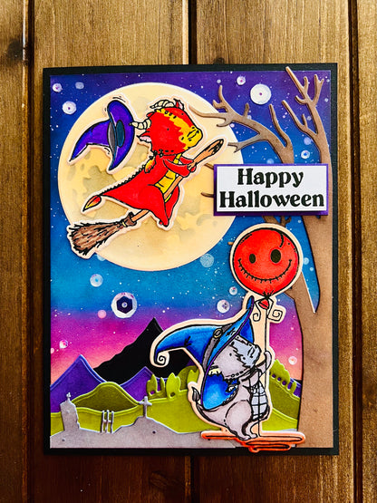 Little Dragon Witches Moonlight Scene Halloween Card