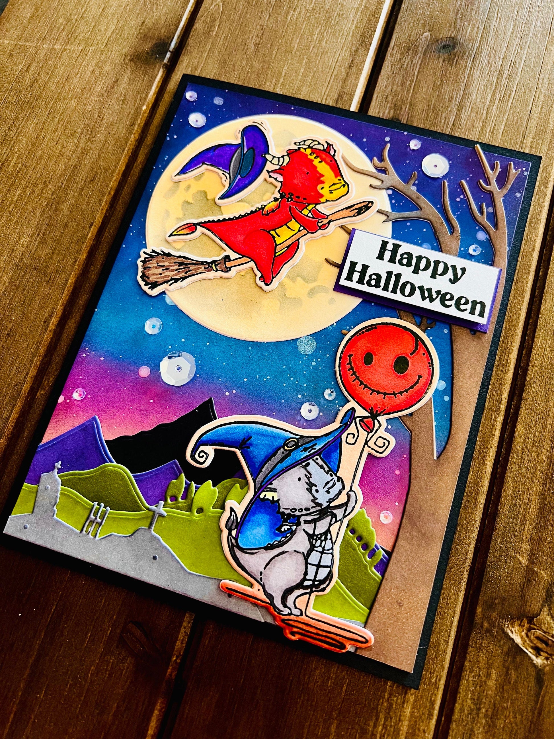 Little Dragon Witches Moonlight Scene Halloween Card