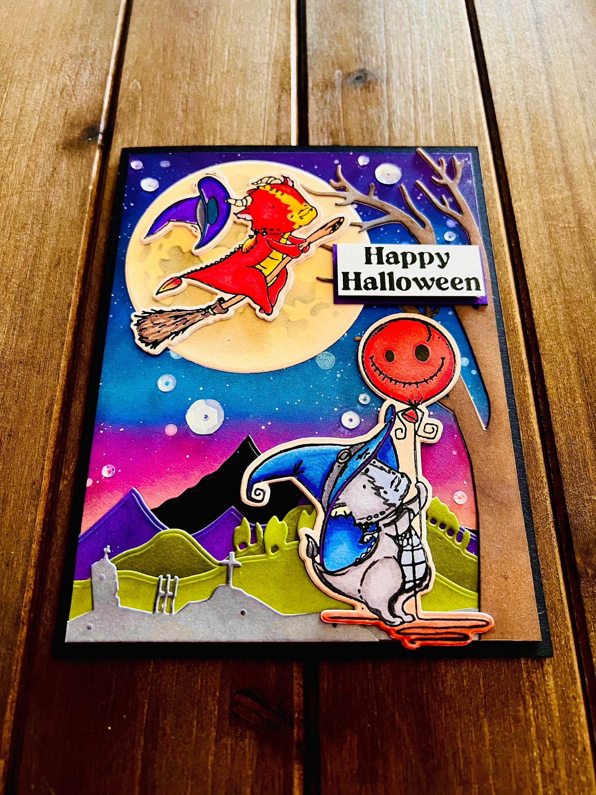 Little Dragon Witches Moonlight Scene Halloween Card