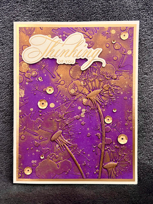 Gold Sheen Embossed Dandelions Thinking of You Card