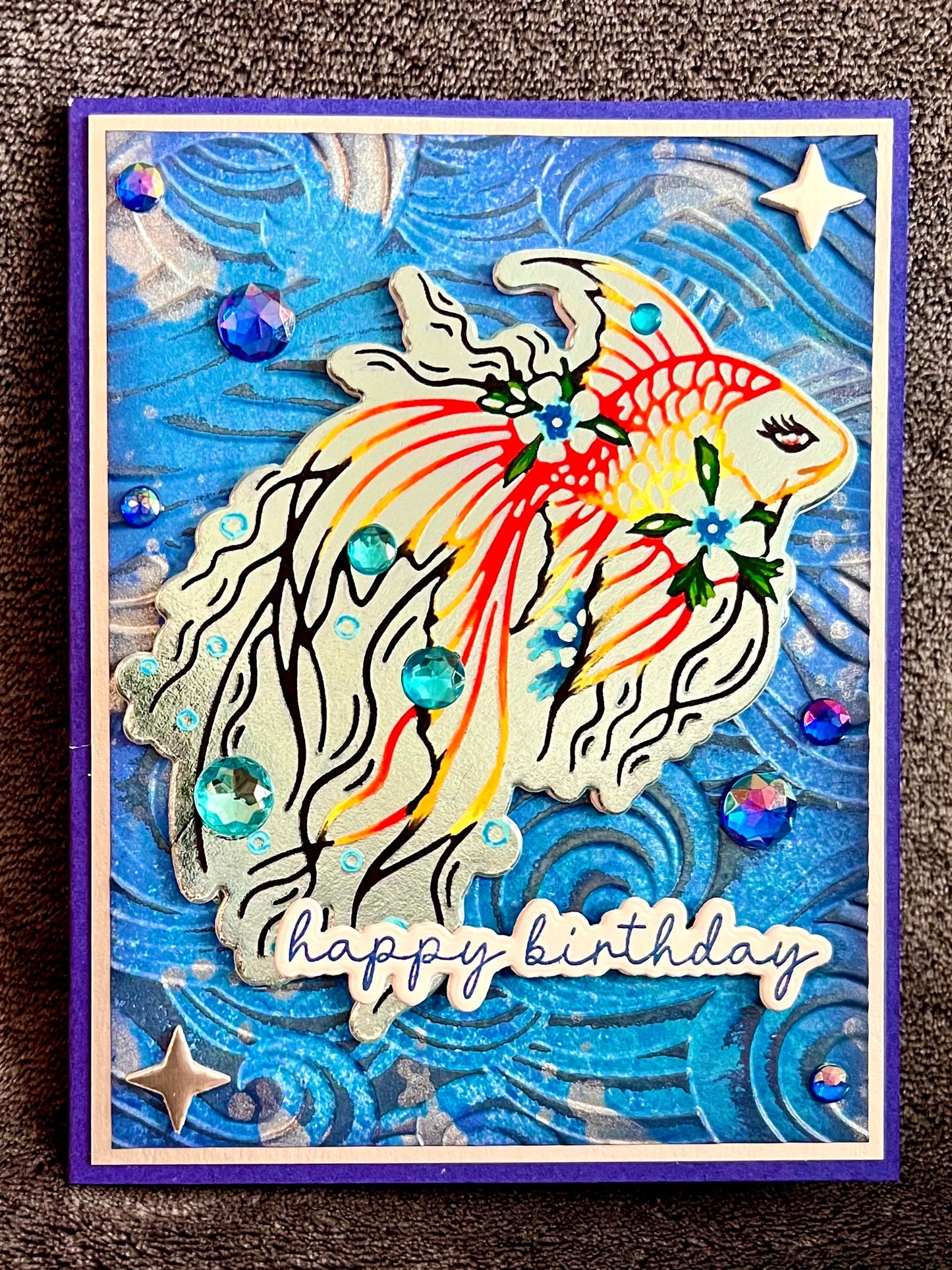 Outlined Orange and Yellow Betta Fish with Wave Background Birthday Card