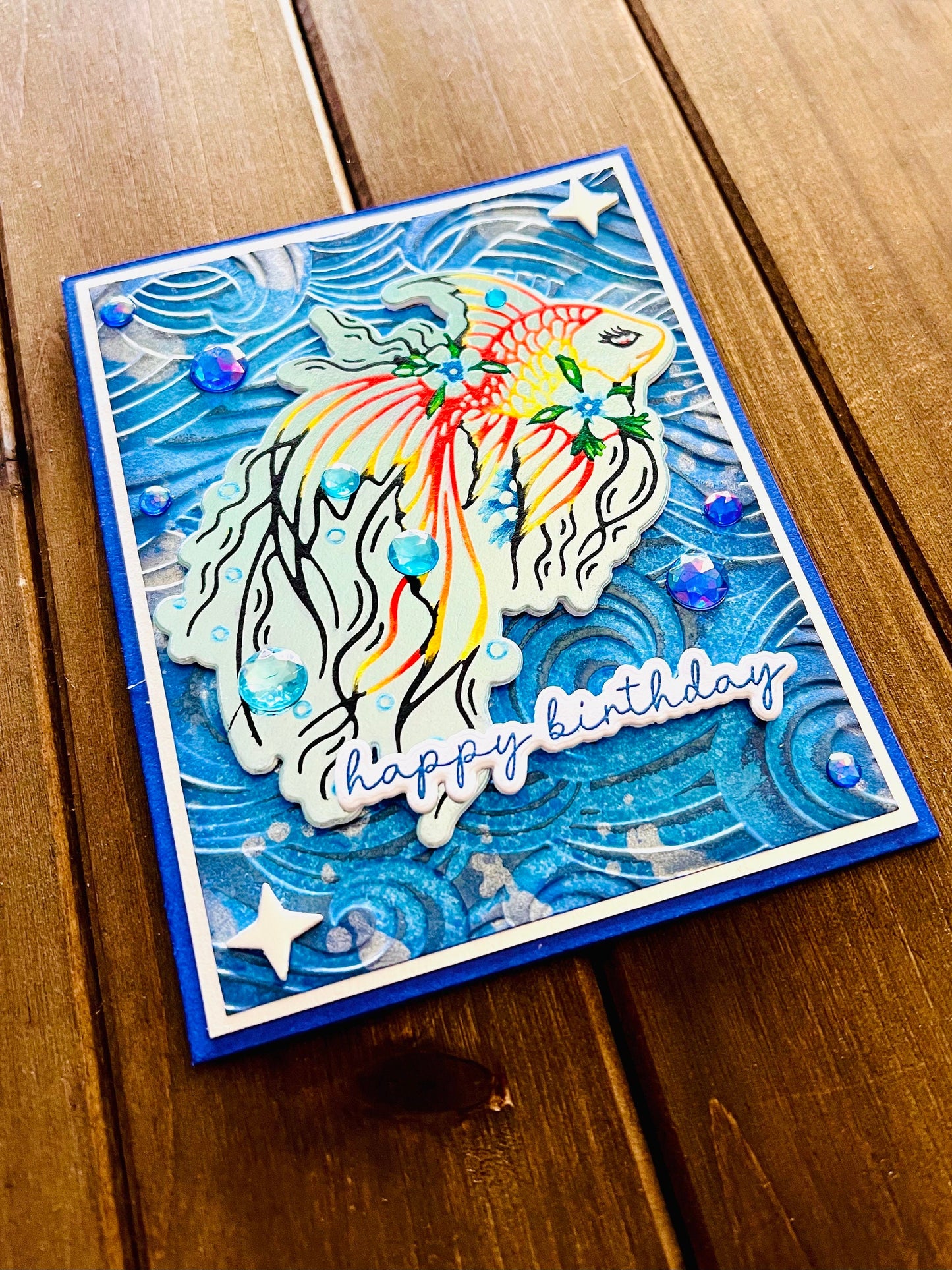 Outlined Orange and Yellow Betta Fish with Wave Background Birthday Card