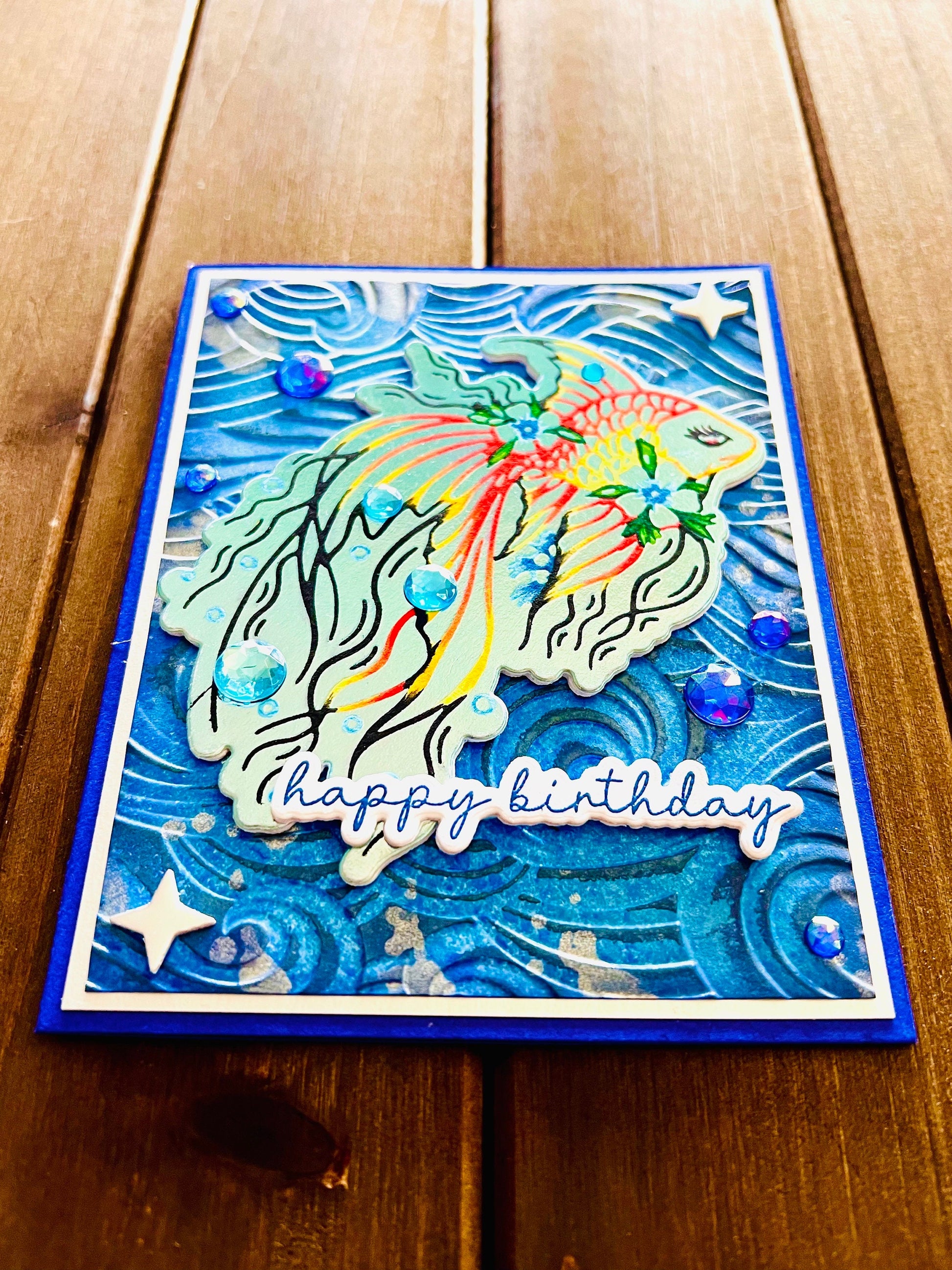 Outlined Orange and Yellow Betta Fish with Wave Background Birthday Card