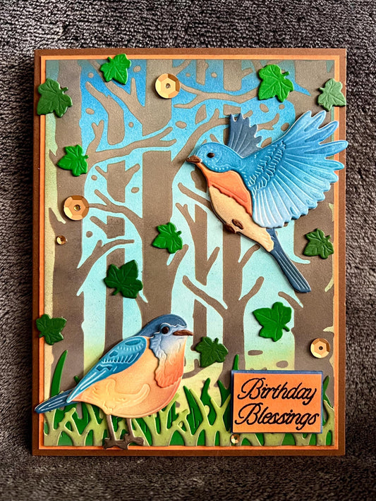 Blue Birds Birthday Blessings Forest Scene Card