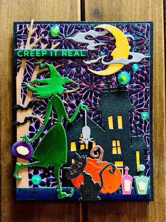Green Witch Silhouette and Haunted Mansion Halloween Card