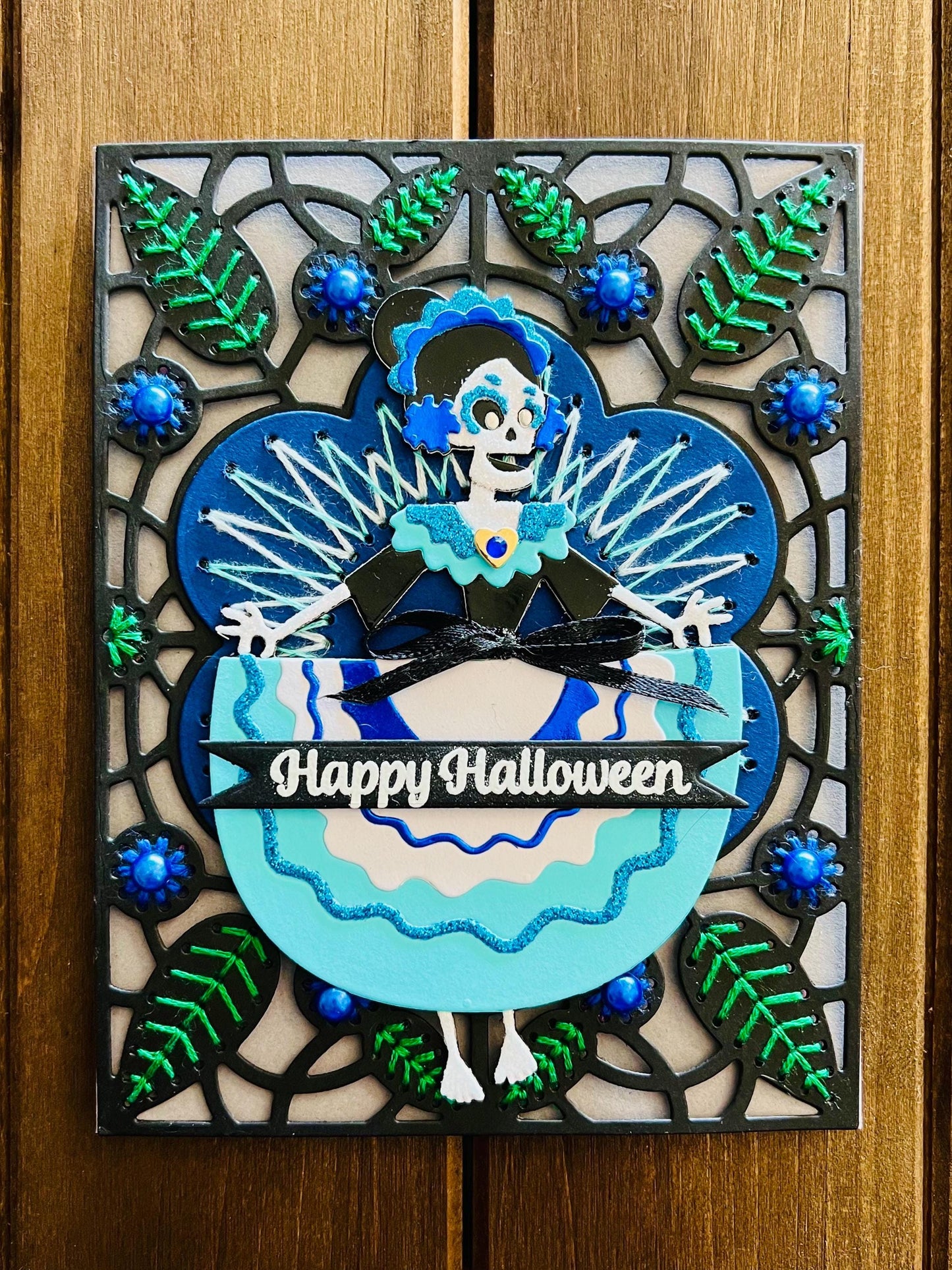 Sugar Skull Girl on Hand Stitched Floral Motif Background Halloween Card