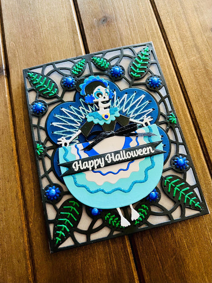 Sugar Skull Girl on Hand Stitched Floral Motif Background Halloween Card