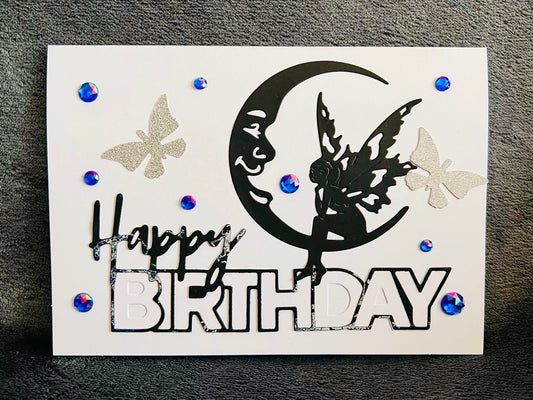 Black Moon Fairy Silhouette with Silver Glitter Butterflies Birthday Card