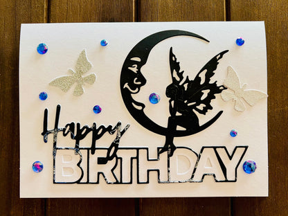 Black Moon Fairy Silhouette with Silver Glitter Butterflies Birthday Card