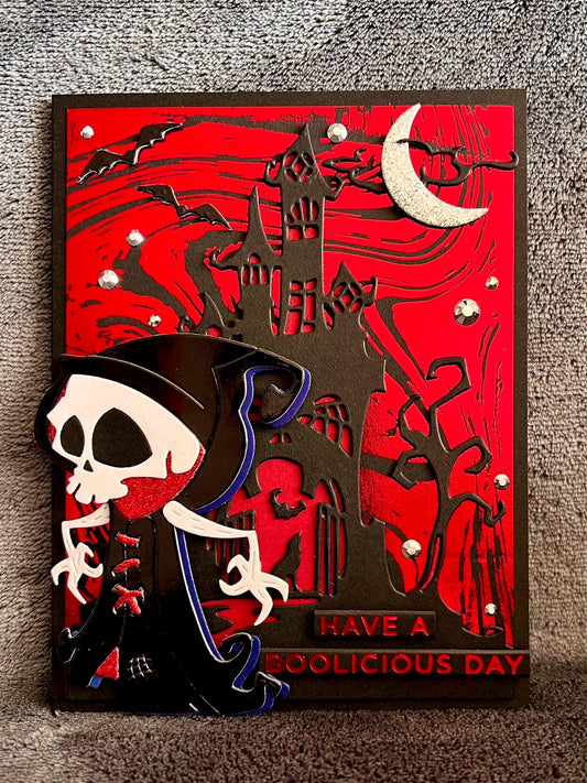 Skull Faced Grim Reaper Haunted Mansion Halloween Card