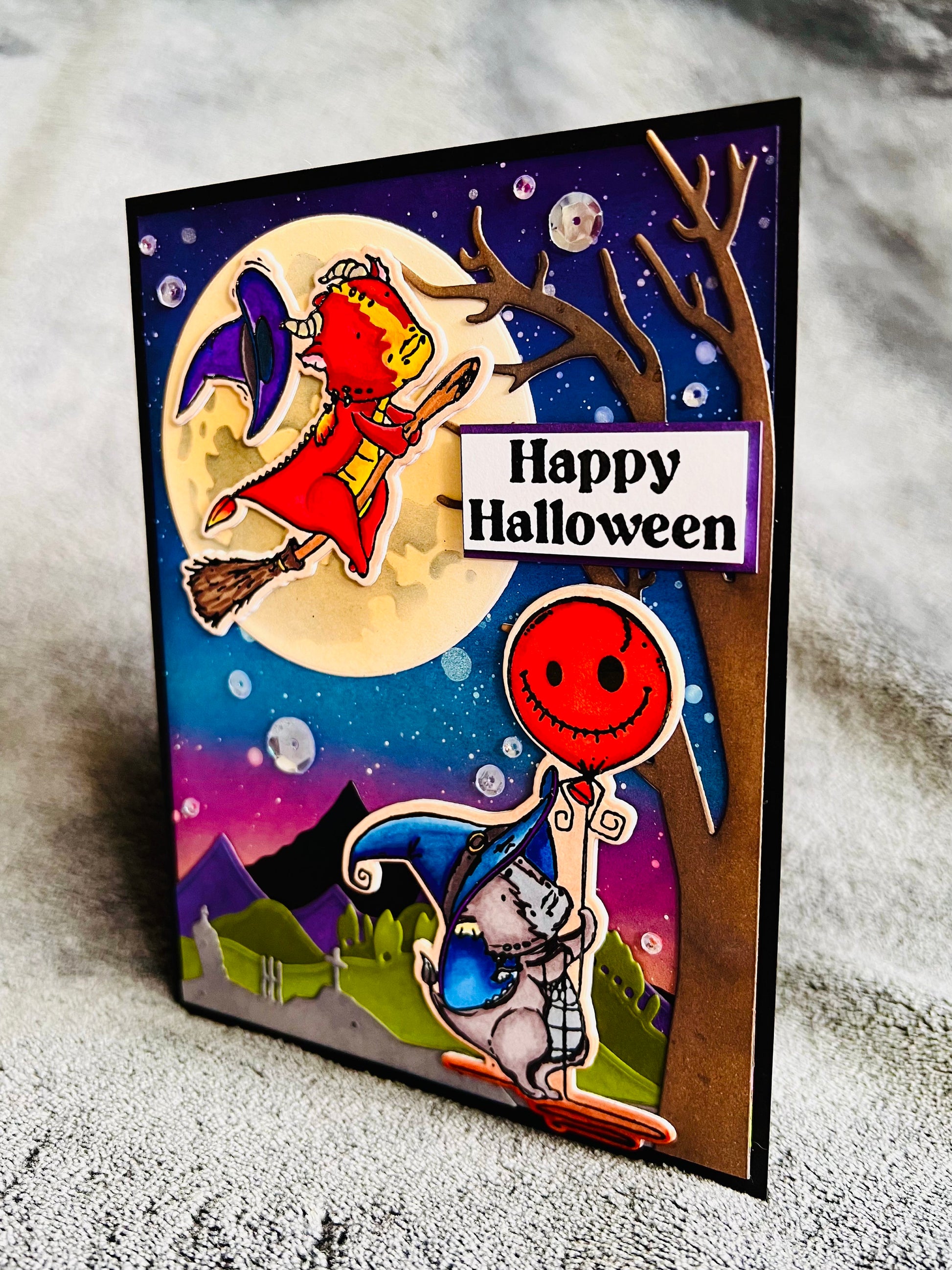 Little Dragon Witches Moonlight Scene Halloween Card