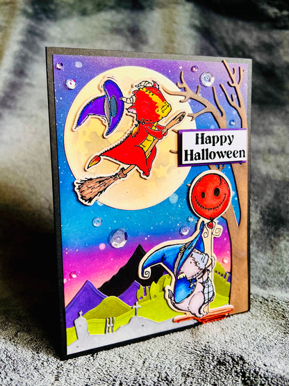 Little Dragon Witches Moonlight Scene Halloween Card
