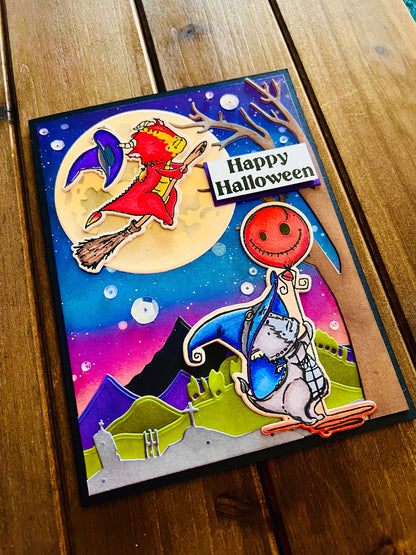 Little Dragon Witches Moonlight Scene Halloween Card