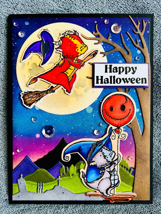 Little Dragon Witches Moonlight Scene Halloween Card