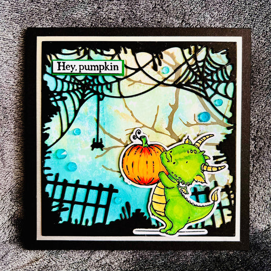 Little Dragon Witch with Pumpkin Halloween Card