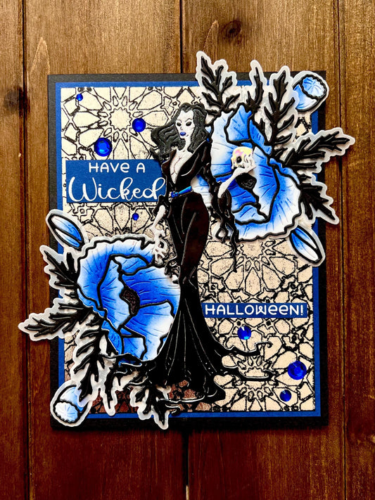Vampiress and Blue Florals Halloween Card