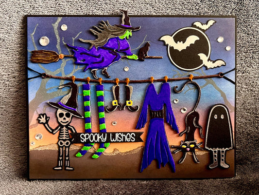 Witches Laundry and Flying Witch Halloween Card