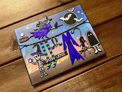 Witches Laundry and Flying Witch Halloween Card