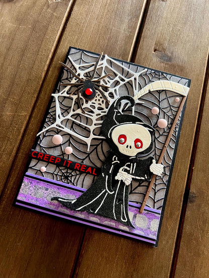 Grim Reaper and Spider Webs Halloween Card
