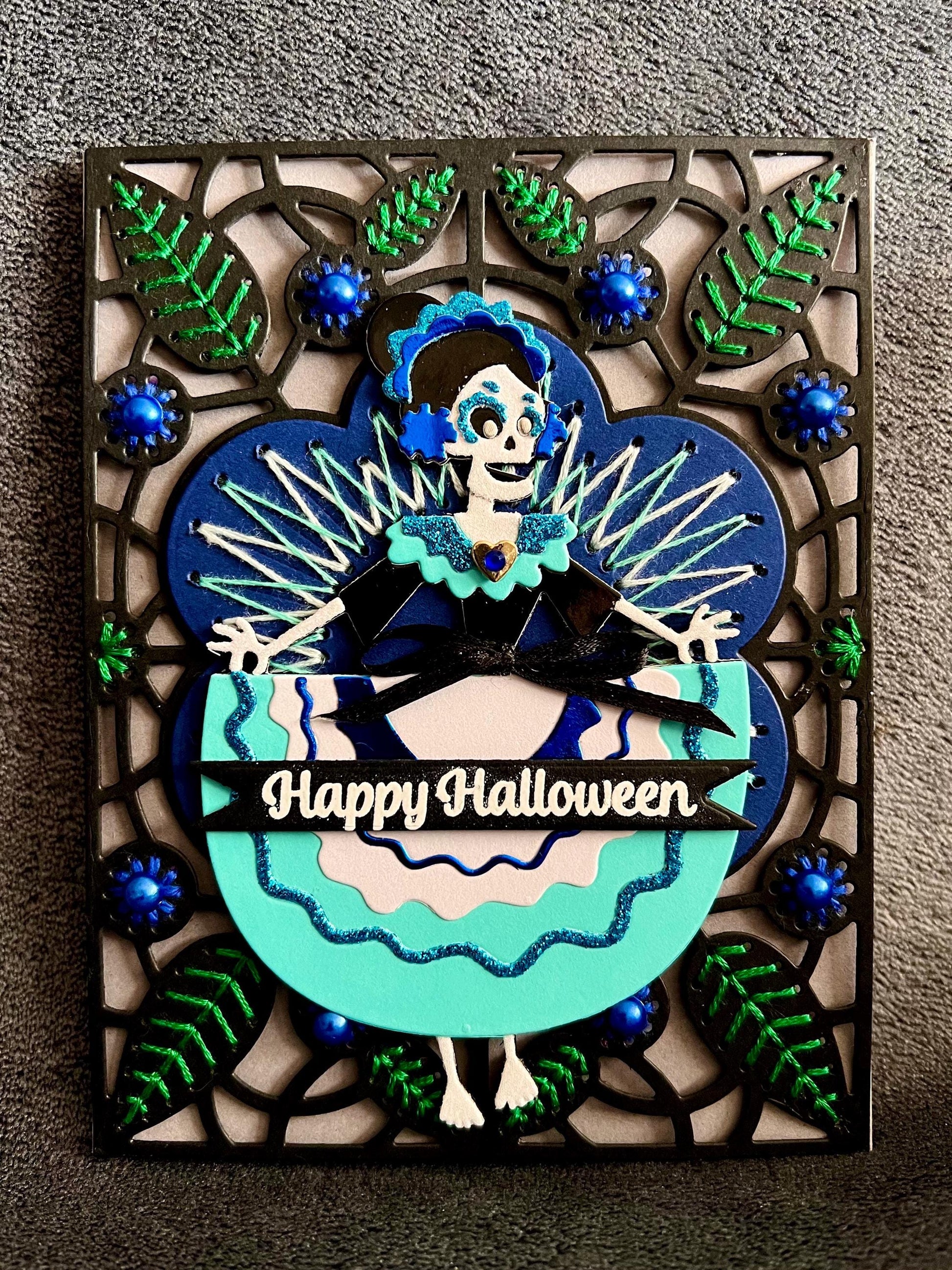Sugar Skull Girl on Hand Stitched Floral Motif Background Halloween Card