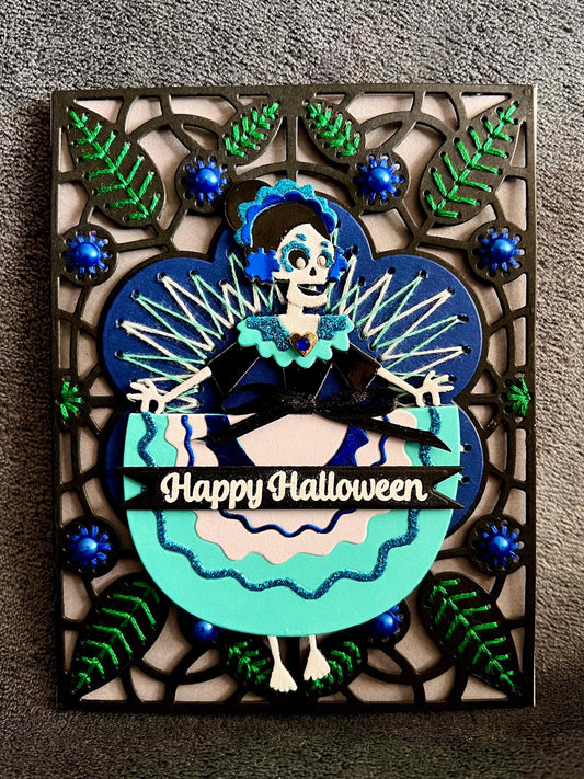 Sugar Skull Girl on Hand Stitched Floral Motif Background Halloween Card