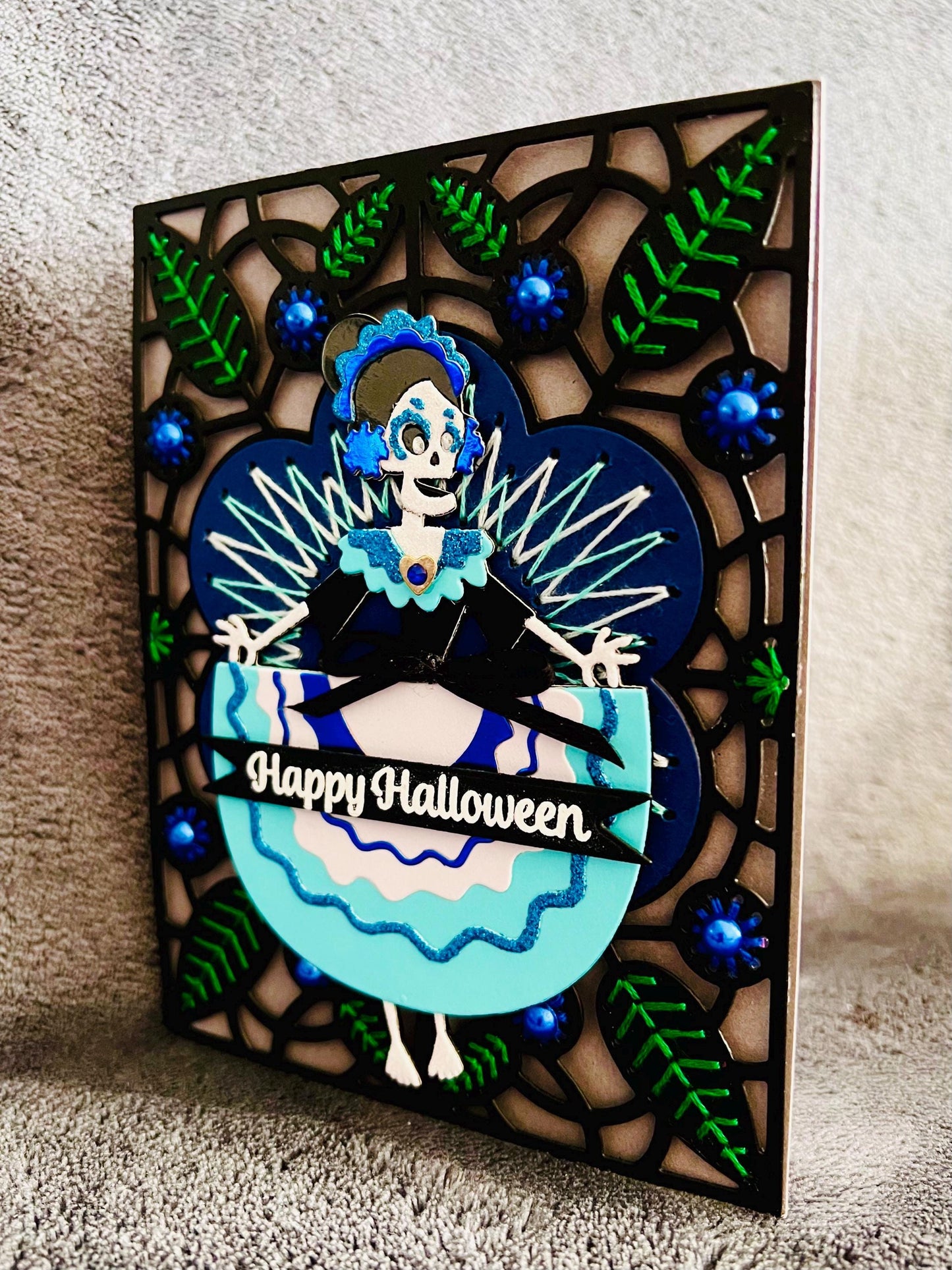 Sugar Skull Girl on Hand Stitched Floral Motif Background Halloween Card