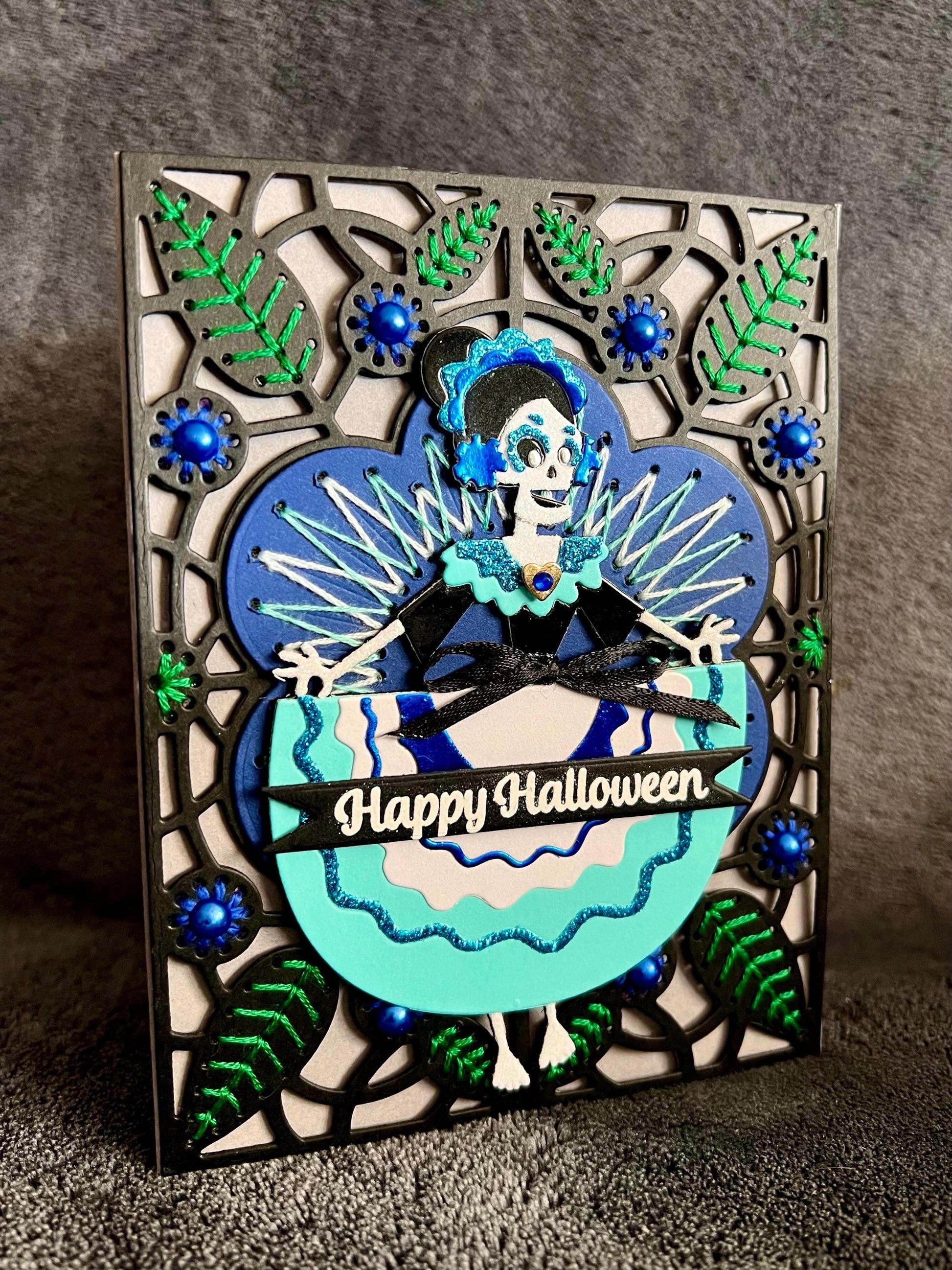 Sugar Skull Girl on Hand Stitched Floral Motif Background Halloween Card