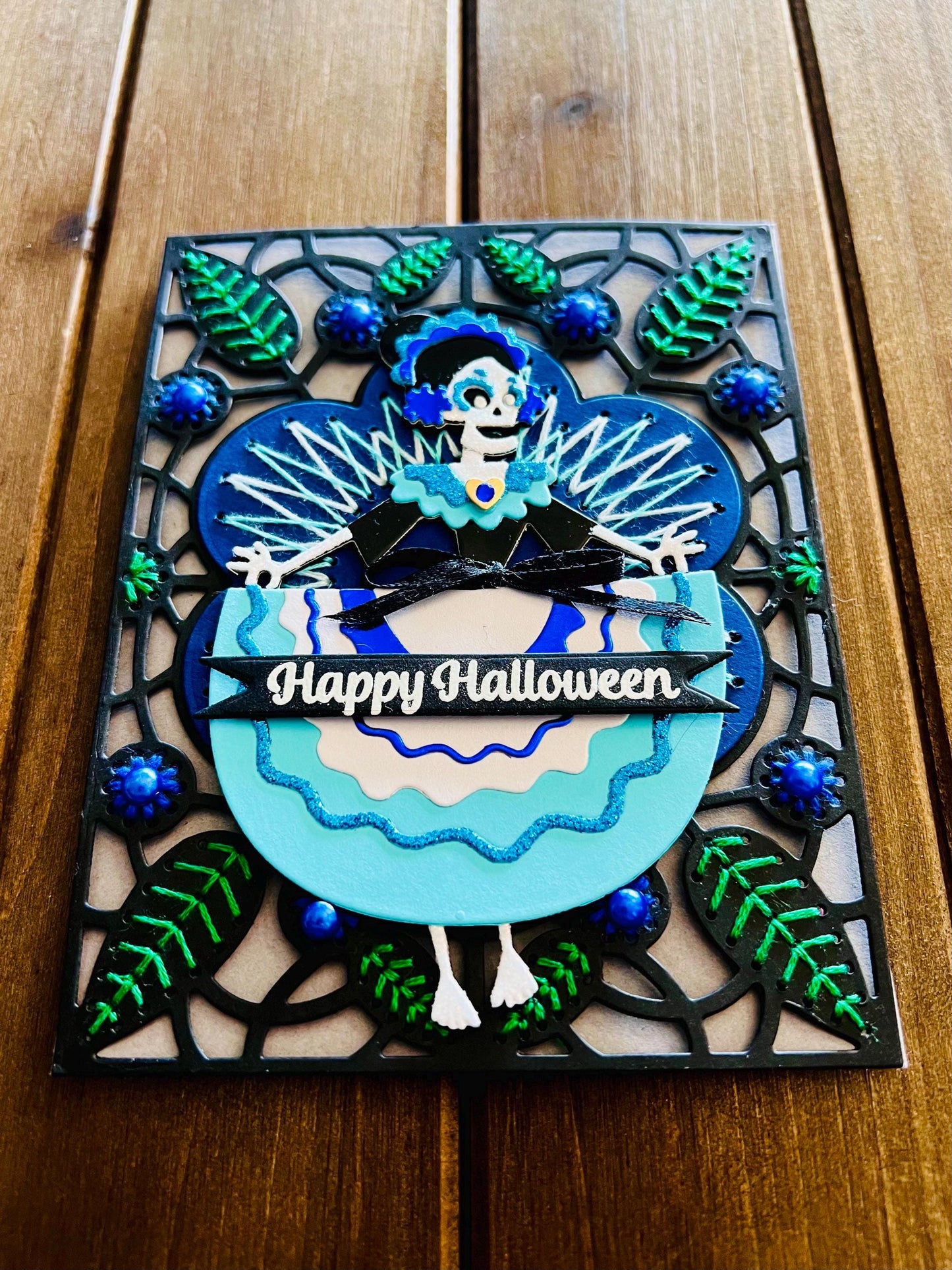Sugar Skull Girl on Hand Stitched Floral Motif Background Halloween Card