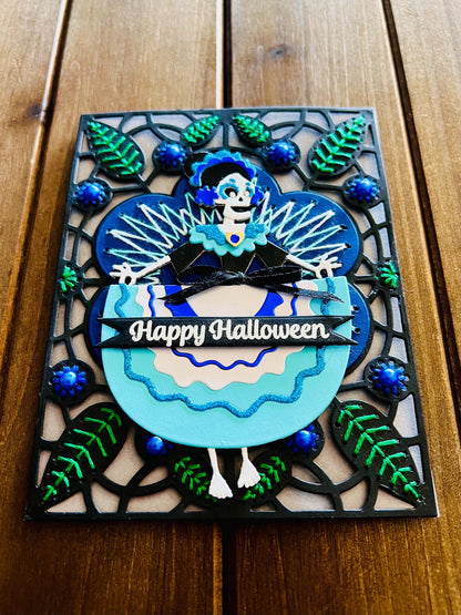 Sugar Skull Girl on Hand Stitched Floral Motif Background Halloween Card
