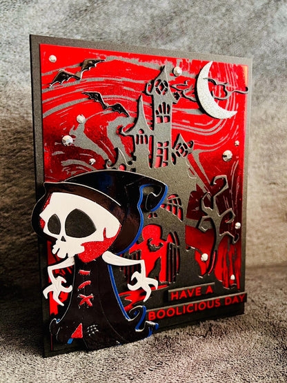 Skull Faced Grim Reaper Haunted Mansion Halloween Card