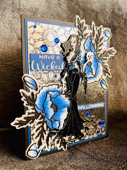 Vampiress and Blue Florals Halloween Card