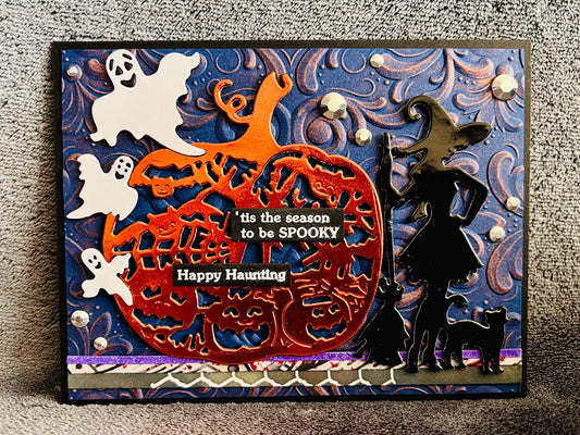 Orange Pumpkin, Witch Silhouette and Ghosts Halloween Card