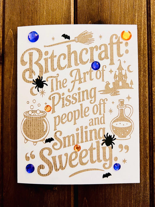 Bitchcraft Laser Etched Sentiment Halloween Card (With Purple and Orange Gems)