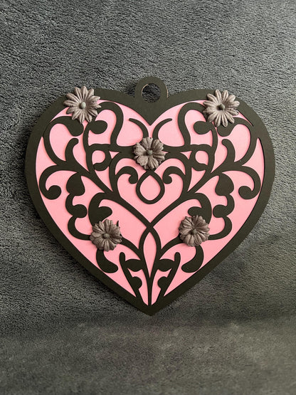 Black Filigree Heart with Gray Flowers Heart Shaped Blank Card