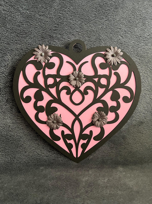 Black Filigree Heart with Gray Flowers Heart Shaped Blank Card