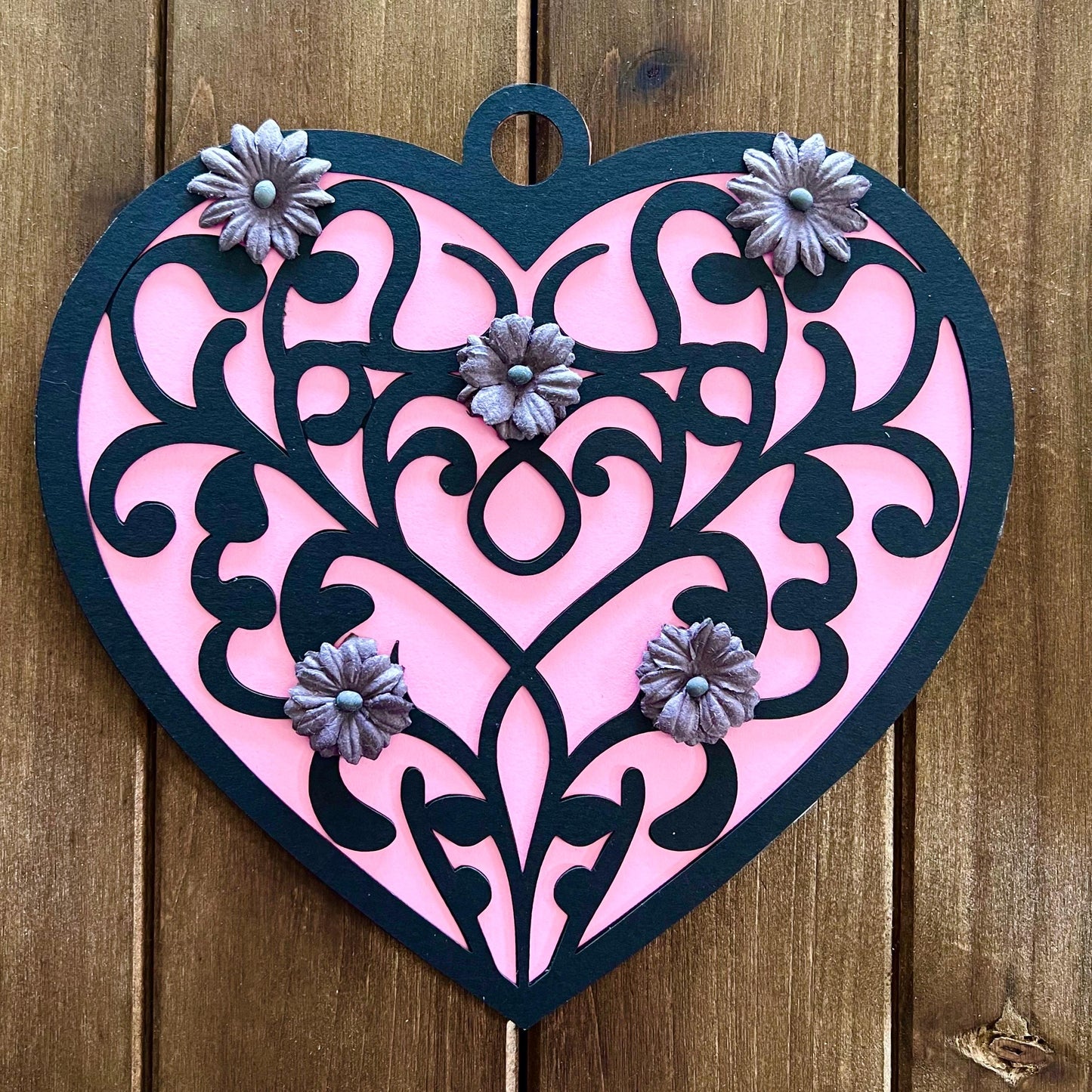 Black Filigree Heart with Gray Flowers Heart Shaped Blank Card