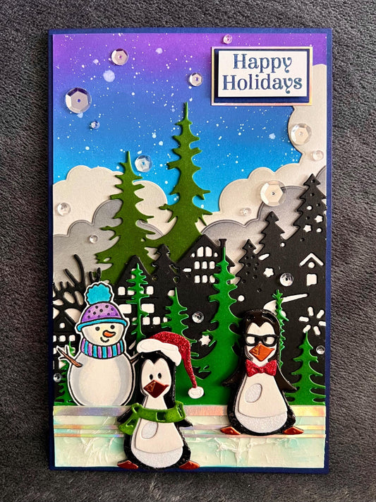 Penguin Duo and Snowman Winter Forest Village Scene Happy Holidays Christmas Card