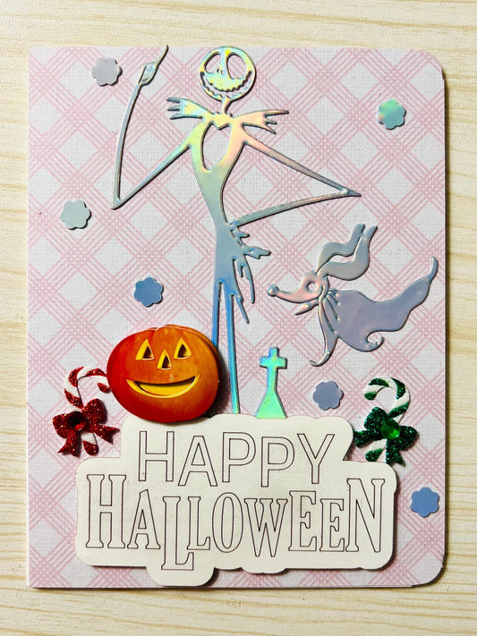 Holographic Skeleton Man and Ghost Dog Halloween Card