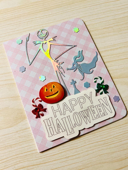 Holographic Skeleton Man and Ghost Dog Halloween Card