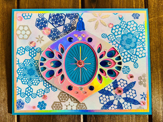 Iridescent Dimensional Ornament with Snowflake Background Christmas Card