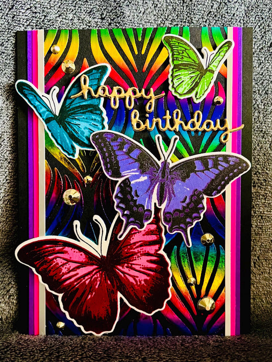 Pink, Purple, Teal and Green Butterfly Quartet Rainbow Background Birthday Card