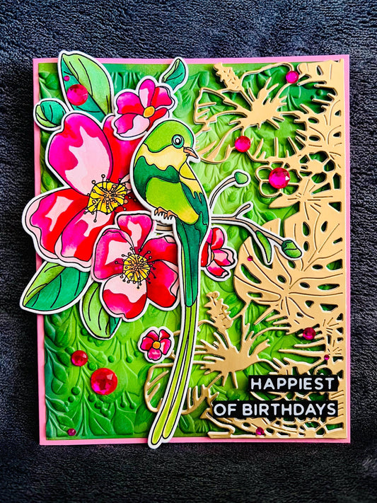 Tropical Green Bird and Pink Florals Birthday Card
